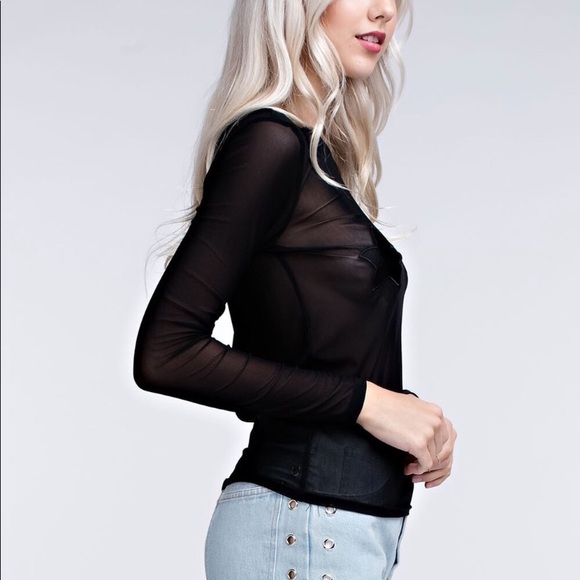 Honey Punch Sheer Black Star Mesh Long Sleeve Top - Picture 4 of 13